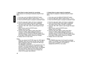 Page 5044
ENGLISH
1. Input (How to select input(s) for recording)
Audio input(s) for recording are selected using the Input
Menu.
1. From stop, push the MENU/STORE EDIT button.
2. Push the orbutton t o  select Preset 1, 2 or 3.
3. Push the ENTER button to accept the selected Preset.
4. Push the orbuttonuntil Input is displayed.
5. Push the ENTER button while Input is displayed. 
The input choice( INT MIC, MIC or LINE ) is flashing.
6. Push the or button to tab through the input
choices.
7. When correct, push...