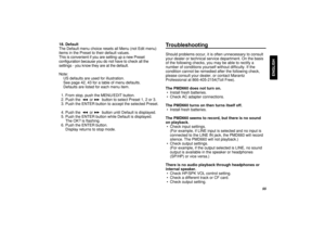 Page 6155
ENGLISH
TroubleshootingShould problems occur, it is often unnecessary to consult
your dealer or technical service department. On the basis
of the following checks, you may be able to rectify a
number of conditions yourself without difficulty. If the
condition cannot be remedied after the following check,
please consult your dealer, or contact Marantz
Professional at 866-405-2154(Toll Free).
The PMD660 does not turn on.
•  Install fresh batteries.
•  Check AC adapter connections.
The PMD660 turns on...