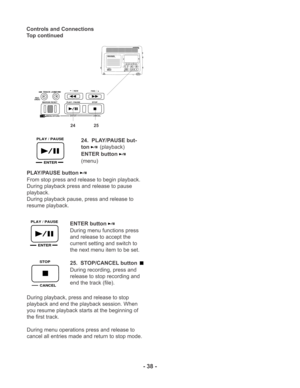 Page 38- 38 -
PLAY / PAUSE
ENTER
CANCEL
STOP
SOLID STATE RECORDER PMD670
MARK A-B REPEAT iNPUTTRACK JUMPMARGIN RESETREC
UNDOMENU/STOREENTERCANCELPLAY / PAUSE
STOPPOWER
EDIT- / REW FWD / +
I / O
TRACK JUMP
MARGIN RESET REC
UNDO
 MENU/STOREENTERCANCELPLAY / PAUSE STOP
I / O
-/REW
FWD/+
24               25
PLAY / PAUSE
ENTER
Controls and Connections
Top continued
24.  PLAY/PAUSE but-
ton
 (playback)
ENTER button
(menu)
PLAY/PAUSE button
From stop press and release to begin playback.
During playback press and...