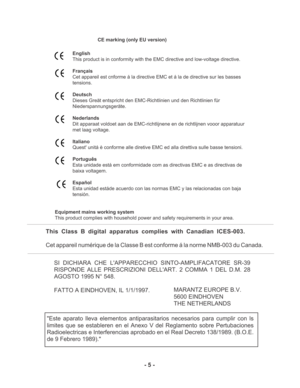 Page 5MARANTZ EUROPE B.V.
5600 EINDHOVEN
THE NETHERLANDS SI DICHIARA CHE L'APPARECCHIO SINTO-AMPLIFACATORE SR-39
RISPONDE ALLE PRESCRIZIONI DELL'ART. 2 COMMA 1 DEL D.M. 28
AGOSTO 1995 N° 548.
FATTO A EINDHOVEN, IL 1/1/1997.
CE marking (only EU version)
English
This product is in conformity with the EMC directive and low-voltage directive.
Français
Cet appareil est cnforme á la directive EMC et á la de directive sur les basses
tensions.
Deutsch
Dieses Greät entspricht den EMC-Richtlinien und den...