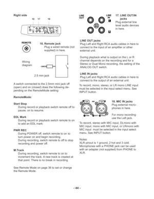 Page 443COLD2HOT
2
312
31
1GND
LRMICL
R
LINE
IN
REMOTELINE
OUT
PHA NTOM
+48V
ON
OFF
16. Remote jack
Plug a wired remote (not
supplied) in here.REMOTE
Right side
- 44 -
L
R
LINEINLINE
OUT
LINE OUT jacks
Plug Left and Right RCA audio cables in here to
connect to the input of an amplifier or other
external unit.
During playback what is output on the L or R
channel depends on the recording and for a
Stereo or Dual Mono recording, the setting of the
ANALOG OUT switch.
LINE IN jacks
Plug Left and Right RCA audio...