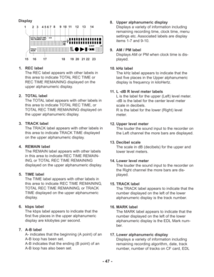 Page 47- 47 -
Display
MARK TRACK TOTAL TRACK TIME
REC REMAIN kbpsA-B
L
R -dB
PM kHz
AM
INT
MIC
LINES.SKIP-dB
over 0
2 6 12
20
40 00
1       2   3    4 5 6 78     9  10  11    12    13     14
15     16        17                 18      19  20   21 22   23
1. REC label
The REC label appears with other labels in
this area to indicate TOTAL REC TIME or
REC TIME REMAINING displayed on the
upper alphanumeric display.
2. TOTAL label
The TOTAL label appears with other labels in
this area to indicate TOTAL REC TIME, or...