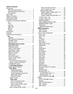 Page 6- 6 -
Table of Contents
Precautions
Warnings and Cautions ........................... 2
Important Safety Instructions ................... 3
CE markings ............................................ 4
Quick Start ................................................... 5
Table of Contents ......................................... 6
US/Europe models ....................................... 7
Package Contents ........................................ 7
Control and Connection Diagrams
Top...