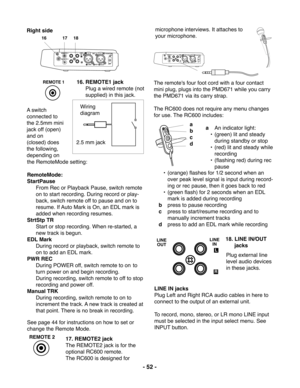 Page 52PUSH PUSHMIC
GND HOT
COLDOFFON+48V PHANTOM
REMOTE 1 REMOTE 2
IN LINE
1
3 21
3 2
RR
RR
LLLL
112233
REMOTE 1
- 52 -
16             17     18
REMOTE 2
PUSH PUSHMIC
GND HOT
COLDOFFON+48V PHANTOM
REMOTE 1 REMOTE 2
IN LINE1
3 21
3 2RR
RRLLLL
112233
a
b
c
d
L
R LINE
IN
LINE
OUT
16. REMOTE1 jack
Plug a wired remote (not
supplied) in this jack. Right side
Wiring
diagram
2.5 mm jack
the RemoteMode setting:
RemoteMode:
StartPause
From Rec or Playback Pause, switch remote
on to start recording. During record or...