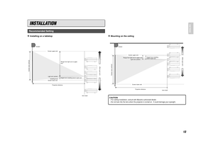 Page 2113
ENGLISH
❖
Mounting on the ceilingCAUTION–For ceiling installation, consult with Marantz authorized dealer.
–Do not look into the lens when the projector is turned on.  It could damage your eyesight.
INSTALLATION
❖
Installing on a tabletopRecommended Setting
Screen
Screen size (vertical)
Screen upper end
Range from light axis to upper end
Light axis (center)Height from installing
level to light axis
Screen lower end
Projection distance
lens head
Lens shift range
Screen
Screen upper end
Range from light...