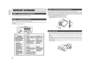 Page 102
ENGLISH
IMPORTANT SAFEGUARDS
There is potential glass particle hazard if the lamp ruptures.
There is a potential hazard of glass particle if the lamp ruptures.
In case of lamp rupture,contact your nearest Marantz Authorized Dealer or Service Center for a
replacement.
See “Replacing Lamp Unit”. (

P.28)
WARNINGTHIS COVER IS PROVIDED WITH
INTERLOCK TO REDUCE THE RISK OF
EXCESSIVE ULTRAVIOLET RADIATION.
DO NOT DEFEAT ITS PORPOSE OR
ATTEMPT TO SERVICE WITHOUT
REMOVING COVER COMPLETELY.
MODEL NO. VP-16S1...