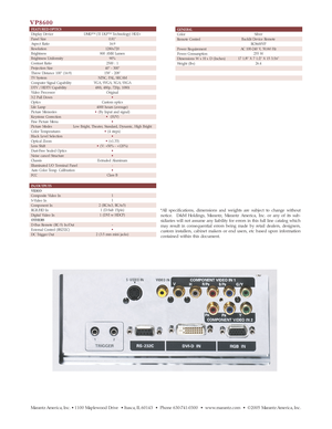 Page 2FEATURED OPTICS
Display Device
Panel Size
Aspect Ratio
Resolution
Brightness
Brightness Uniformity
Contrast Ratio
Projection Size
Throw Distance 100 (16:9)
TV System
Computer Signal Capability
DTV / HDTV Capability
Video Processor
3:2 Pull Down
Optics
Life Lamp
Picture Memories
Keystone Correction
Fine Picture Menu
Picture Modes
Color Temperatures
Black Level Selection
Optical Zoom
Lens Shift
Dust-Free Sealed Optics
Noise cancel Structure
Chassis
Illuminated I/O Terminal Panel
Auto Color Temp....