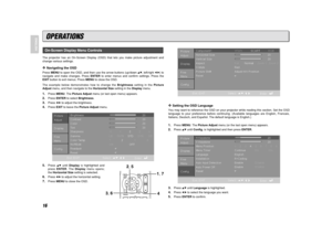 Page 2116
ENGLISH
The projector has an On-Screen Display (OSD) that lets you make picture adjustment and
change various settings. ❖
Navigating the OSD
Press MENUto open the OSD, and then use the arrow buttons (up/down 
34
, left/right 
12
) to
navigate and make changes. Press ENTERto enter menus and confirm settings. Press the
EXITbutton to exit menus. Press MENUto close the OSD.
The example below demonstrates how to change the Brightnesssetting in the Picture
Adjustmenu, and then navigate to the Horizontal...