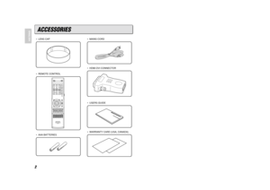 Page 72
ENGLISH
• LENS CAP
• REMOTE CONTROL
• AAA BATTERIES
INPUT
STANDBYV-MUTE MENU
FREEZESHAPRAESS
TINT COLOR INFO. SHA+
TINT+
COL+ CON-ON/OFFINPUTPIP
SWAP MENU
CON+
BRI
-BRI+W-PEAKPEAK WHITE
SHA
-TINT-COL-EXITON
C1 C2 S F
DV1 RGB V NTHTR
STD DYN Z1
HB CT
E M
FZ2
LB
COMP.1 COMP.2 S VIDEO FULL
DVI RGB VIDEO NORMAL
THEATER STANDARD DYNAMIC ZOOM1LOW HIGH-BRIGHT-
C-TEMP ZOOM2
CONTRAST
BRIGHTNESSRC8600VP REMOTE CONTROLLER
ACCESSORIES
• MAINS CORD
• HDMI-DVI CONNECTOR
• USERS GUIDE
• WARRANTY CARD (USA, CANADA)...