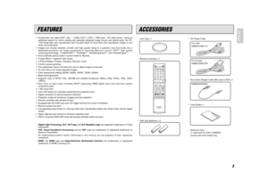 Page 63
ENGLISH
FEATURES•Incorporates the latest DLP
®chip -- “1080p DLP
®” (1920 x 1080 pixel, 16:9 wide panel). Using an
optimized system for movie viewing with specially designed image circuits and optical parts, the VP-
11S2 bring high color reproduction with the pitch black of movie films that reproduces images in rich
tones and crisp black.
•Images are sharply detailed, smooth and high quality owing to a powerful chip that builds into a
dedicated processor an image processing IC featuring Gennum’s proud...