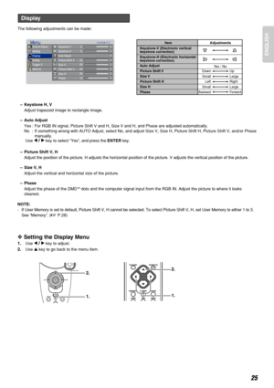 Page 29ENGLISH
25
The following adjustments can be made:
–Keystone H, V
Adjust trapezoid image to rectangle image.
–Auto Adjust
Yes : For RGB IN signal, Picture Shift V and H, Size V and H, and Phase are adjusted automatically.
No : If something wrong with AUTO Adjust, select No, and adjust Size V, Size H, Picture Shift H, Picture Shift V, and/or Phase
manually.
Use 
1/2key to select “Yes”, and press the ENTERkey.
–Picture Shift V, H
Adjust the position of the picture. H adjusts the horizontal position of the...