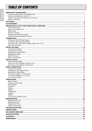 Page 4ENGLISH
TABLE OF CONTENTS
IMPORTANT SAFEGUARDS......................................................................................................................................1
Caution Concerning the Lamp Replacement ..............................................................................................................................1
Caution Concerning the Lamp Unit...