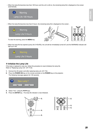 Page 33ENGLISH
29
–When the lamp life becomes less than 100 hours and the unit is still on, the remaining lamp life is displayed on the screen
automatically.
–When the lamp life becomes less than 5 hours, the remaining lamp life is displayed on the screen .
To clear the warning, press the MENUkey.
–When the lamp life has expired (Lamp Life 0 HOURS), the unit will be immediately turned off, and the WARNING indicator will
light up in red.
❖Initialize the Lamp Life
If the lamp is replaced to new one, follow this...