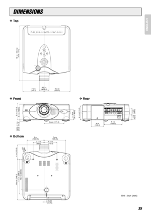 Page 39ENGLISH
35
DIMENSIONS
STANDBYPOWER ON
LENS SHIFT
LAMPWARRNINGENTER FOCUS
MENU
POWER
LEFTRIGHT
DOWNINPUT
UP
18 1/2 - 18 
17/32
(470 - 471)
8 21/32(222.0)7 3/16(182.5)
  3 1/4(   82.6)
4 11/16
 (119.0)
4 1/8(105.0)
2 9/32(58.0)
1 21/32(42.0)
6 1/32(153.5)
VP-12S2
19/32 - 2 
7/16
(15.0 - 61.8)
6 23/32 (171.0)
5 5/8 (143.0)
3 - 3 
3/8
(76.0 - 86.0)5 3/16
 (132.0)
5 3/4(145.75)
25/32
(19.75)
11 11/16
 (296.5)
10 5/16
 (262.0)
13 21/32
 (346.5)
4 7/8 (123.5)
4 11/16(110.0)3 11/16(93.5)
7 9/32(185.25)
(  64)2...