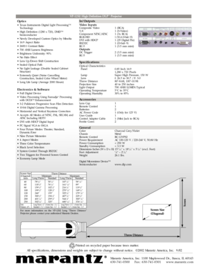 Page 4VP-12S2 High Definition DLP™Projector
In/Outputs
Video InputsComposite Video 1 (RCA)
Y/C 1 (S-Video)
Component NTSC/ATSC 1 (3x RCA)
RGB/HD
1 (VGA D-Sub 15)DVI with HDCP 1 (29 Digital Pin)
RS232C 1 (D-Sub 9)
RC-5 1 (3.5 mm mini)
OutputsDC Trigger 2 (3.5 mm mini)
RC-5 1 (3.5 mm mini)
Specifications
Optical Characteristics
Panel  0.85 Inch 16:9
1,280 x 720 Pixels
Lamp  Super High Pressure, 150 W
Lens f: 26.5 to 30.7 / F: 3.0
Throw Distance 80-8.6ft, 100-10.9ft
Projection Size  40 to 250 inches
Light Output...