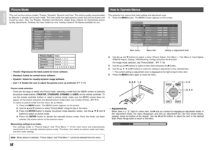 Page 2418
ENGLISH
This projector has menus that make setting and adjustment easy.1.
Press the MENUbutton. The MENU screen appears on the screen.
2.
Use the 3and 4buttons to select a menu (Picture Adjust, Fine Menu 1, Fine Menu 2, Input Signal,
RGB/HD Adjust, Display, OSD/Blanking, Config) and press the 2button.
For image mode selection, see “Picture Mode”.  (

P.18)
3.
Use the 3and 4buttons to select a menu item and press the 2button.
4.
Use the 3, 4, 1and 2buttons to make the setting or adjustment of the...