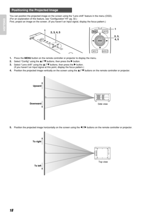 Page 2218
ENGLISHYou can position the projected image on the screen using the “Lens shift” feature in the menu (OSD). 
(For an explanation of this feature, see “Configuration” 
pg. 32.)
First, project an image on the screen. (If you haven’t an Input signal, display the focus pattern.)
1.Press the MENUbutton on the remote controller or projector to display the menu.
2.Select “Config” using the 3/4buttons, then press the 2button.
3.Select “Lens shift” using the 3/4buttons, then press the 2button. 
(If you...