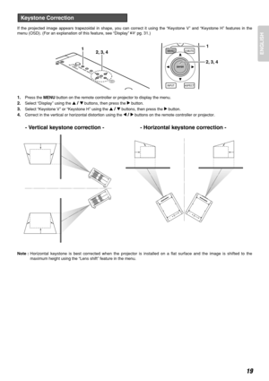 Page 2319
ENGLISH
If the projected image appears trapezoidal in shape, you can correct it using the “Keystone V” and “Keystone H” features in the
menu (OSD). (For an explanation of this feature, see “Display” 
pg. 31.)
1.Press the MENUbutton on the remote controller or projector to display the menu.
2.Select “Display” using the 3/4buttons, then press the 2button.
3.Select “Keystone V” or “Keystone H” using the 3/4buttons, then press the 2button.
4.Correct in the vertical or horizontal distortion using the...