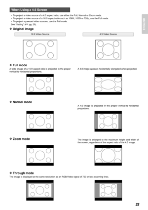 Page 2723
ENGLISH
•To project a video source of a 4:3 aspect ratio, use either the Full, Normal or Zoom mode.
•To project a video source of a 16:9 aspect ratio such as 1080i, 1035i or 720p, use the Full mode.
•To project squeezed video sources, use the Full mode.
See “Setting” (
pg. 29).
When Using a 4:3 Screen
❖Original image
❖Full mode
A wide image of a 16:9 aspect ratio is projected in the proper
vertical-to-horizontal proportions.
❖Normal mode
❖Zoom mode
A 4:3 image appears horizontally elongated when...