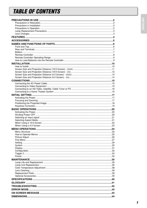 Page 51
ENGLISH
TABLE OF CONTENTS
PRECAUTIONS IN USE ............................................................................................................2
Precautions in Relocation......................................................................................................................2
Precautions in Installation .....................................................................................................................2
Precautions in Operation...