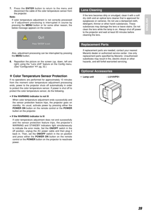 Page 4339
ENGLISH
7.Press the ENTERbutton to return to the menu and
disconnect the cable of the color temperature sensor from
the projector.
Note:
If color temperature adjustment is not correctly processed
or if adjustment processing is interrupted in course by
pressing the MENUbutton or for some other reason, the
below message appears on the screen.
Also, adjustment processing can be interrupted by pressing
the MENUbutton.
8.Reposition the picture on the screen (up, down, left and
right) using the “Lens shift”...