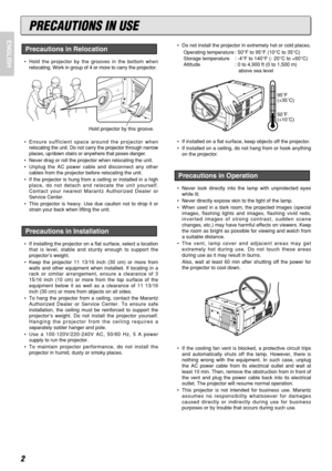 Page 62
ENGLISH
• Hold the projector by the grooves in the bottom when
relocating. Work in group of 4 or more to carry the projector.
• Ensure sufficient space around the projector when
relocating the unit. Do not carry the projector through narrow
places, up/down stairs or anywhere that poses danger.
• Never drag or roll the projector when relocating the unit.
• Unplug the AC power cable and disconnect any other
cables from the projector before relocating the unit.
• If the projector is hung from a ceiling or...