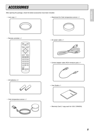 Page 95
ENGLISH• Lens cap x 1
• Remote controller x 1
• AA batteries x 2
• Color temperature sensor x 1• Attachment for Color temperature sensor x 1
• AC power cable x 1
• Control adapter cable (RCA miniature jack) x 1
• User Guide x 1
• Warranty Card (1 copy each for USA, CANADA)
R
COMP.1
PAT T.
INPUTASPECT
MENUV-MUTE
COMP.2
S-VIDEO
VIDEO
RGB
AUX
REMOTE CONTROLLER
RC-12VPS3
INPUT1
ENTER PATTERN STANDBY POWER ON
THEATER
STD
DYNA.
USER
CINEMA
MODEFULL
NORMAL
ZOOM
THROUGH
INFO
ASPECT
LIGHT
After opening the...