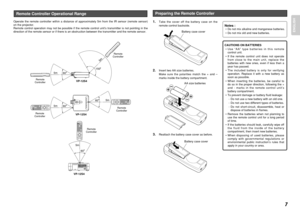 Page 137
ENGLISH
Operate the remote controller within a distance of approximately 5m from the IR sensor (remote sensor)
on the projector.
Remote control operation may not be possible if the remote control unit’s transmitter is not pointing in the
direction of the remote sensor or if there is an obstruction between the transmitter and the remote sensor.
60
150
5m
5m
60
5m
60
5m
VP-12S4
VP-12S4
60
5m
VP-12S4
Remote Controller Operational Range
Remote
ControllerRemote
Controller
Remote
ControllerRemote
Controller...