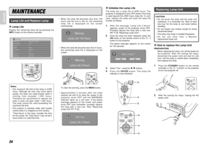 Page 3024
ENGLISH
CAUTION:
•Do not touch the lamp and the lamp unit
carelessly. It is extremely hot. Wait at least
one hour for the lamp to cool down before
handling.
•Do not loosen any screws except for those
mentioned below.
•The lamp may break if handled improperly.
•Do not use other than a Marantz
replacement lamp unit.❖
How to replace the Lamp Unit
PREPARATION:
When replacing the lamp, turn off the power for
the projector. After the cooling fan stops,
disconnect the power cord and wait for one
hour until...