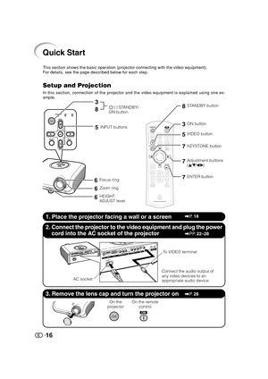 Page 1716
A
S
P
E
C
TE
N
T
E
R I
N
P
U
T
M
E
N
U
I
N
P
U
TSTA
NDBY
/ONL
AMPT
EMP.ASPECTINPUT
A
S
P
E
C
TE
N
T
E
R IN
P
U
T
M
E
N
U
I
N
P
U
TSTANDBY/ONLAMPTEMP.
C1
V
A C2 S
STANDBY
COMP.1 COMP.2 S-VIDEO
VIDEO RGB HDMI
RGB HDMI
R/C
SYNC
ON ON
KEYSTONE MENU
RETURN ENTER
AUTO SYNC ASPECT
IMAGE SHIFT RGB/COMP.PICTURE MODEPICFREEZE IRIS
LIGHTIRIS
ASPECTENTERINPUT
MENU
INPUT
STANDBY/ONLAMPTEMP.
V
STANDBY
VIDEO
ON
KEYSTONE
ENTER
Quick Start
This section shows the basic operation (projector connecting with the video...