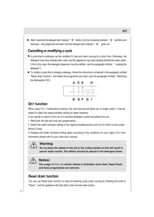 Page 1817
After 3 seconds the delayed start indicator “ E ” blinks, the time-remaining indicator “ G ” will blink and
decrease , the programme will start until the delayed start indicator “ G ”   goes out .
3in1 function
When using 3 in 1combination products, the rinse-aid and salt lights are no longer useful. It may be
helpful to select the lowest possible setting for water hardness.
If you decide to switch to the use of a standard detergent system we advise that you:
1: Refill both the salt and rinse aid...