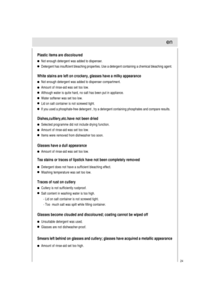 Page 2524
Not enough detergent was added to dispenser.
Detergent has insuffcient bleaching properties. Use a detergent containing a chemical bleaching agent.
Plastic items are discoloured
Not enough detergent was added to dispenser compartment.
Amount of rinse-aid was set too low.
Although water is quite hard, no salt has been put in appliance.
Water softener was set too low.
Lid on salt container is not screwed tight.
If you used a phosphate-free detergent , try a detergent containing phosphates and compare...
