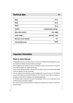 Page 2625
Technical data
9 standard place settings Width
Depth
Height
Capacity
Mains water pressure
Power voltage
Total absorbed power
45 cm
60 cm
82 cm
0.03-1.0MPa
220-240V~   50Hz
1950W
Maximum current intensity10A
Important information
Notes on waste disposal
Old appliances still have some residual value. An environment-friendly method of disposal will ensure
that valuable raw materials can be recovered and used again.
When an appliance has reached the end of its working life,unplug it from the mains.Cut...