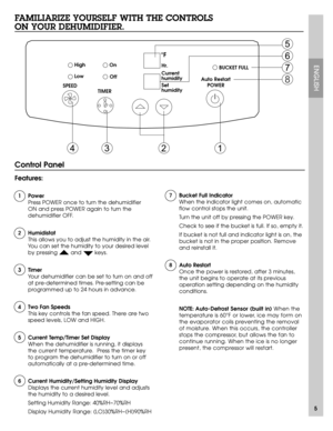 Page 5ENGLISH
5
FAMILIARIZE YOURSELF WITH THE CONTROLS 
ON YOUR DEHUMIDIFIER.
Control Panel
Features:
1 Power
Press POWER once to turn the dehumidifier 
ON and press POWER again to turn the 
dehumidifier OFF.
2Humidistat 
This allows you to adjust the humidity in the air.
You can set the humidity to your desired level
by pressing        and        keys. 
3 Timer
Your dehumidifier can be set to turn on and off
at pre-determined times. Pre-setting can be
programmed up to 24 hours in advance.
4 Two Fan Speeds...