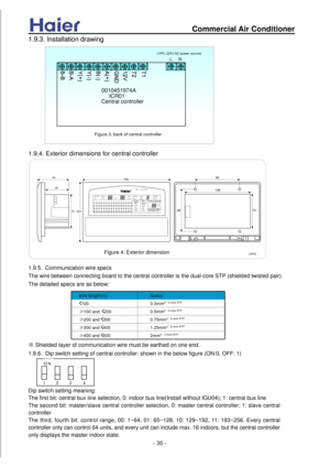 Page 36
Commercial Air Conditioner
1.9.3. Installation drawing
LN
(1PH, 220V AC power source)
0010451974A
ICR01
Central controller
Figure 3. back of central controller
1.9.5. Communication wire specs
The wire between connecting board to the central contro ller is the dual-core STP (shielded twisted pair).
The detailed specs are as below:
wire length(m)
