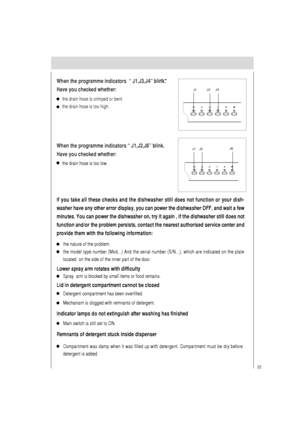 Page 2322
When the programme indicators  “ J1,J3,J4” blink.
Have you checked whether:
the drain hose is crimped or bent.
the drain hose is too high.
When the programme indicators “ J1,J2,J6” blink.
Have you checked whether:
the drain hose is too low.
If you take all these checks and the dishwasher still does not function or your dish-
washer have any other error display, you can power the dishwasher OFF, and wait a few
minutes. You can power the dishwasher on, try it again , if the dishwasher still does not...