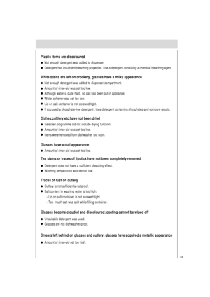 Page 2524
Not enough detergent was added to dispenser.
Detergent has insuffcient bleaching properties. Use a detergent containing a chemical bleaching agent.
Plastic items are discoloured
Not enough detergent was added to dispenser compartment.
Amount of rinse-aid was set too low.
Although water is quite hard, no salt has been put in appliance.
Water softener was set too low.
Lid on salt container is not screwed tight.
If you used a phosphate-free detergent , try a detergent containing phosphates and compare...