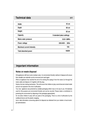 Page 2625
Technical data
9 standard place settings Width
Depth
Height
Capacity
Mains water pressure
Power voltage
Total absorbed power
45 cm
60 cm
82 cm
0.03-1.0MPa
220-240V~   50Hz
1950W
Maximum current intensity10A
Important information
Notes on waste disposal
Old appliances still have some residual value. An environment-friendly method of disposal will ensure
that valuable raw materials can be recovered and used again.
When an appliance has reached the end of its working life,unplug it from the mains.Cut...