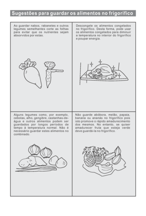 Page 128Sugestões para guardar os alimentos no frigorífico
Ao guardar nabos, rabanetes e outros
legumes semelhantes corte as folhas
para evitar que os nutrientes sejam
absorvidos por estas.Descongele os alimentos congelados
no frigorífico. Desta forma, pode usar
os alimentos congelados para diminuir
a temperatura no interior do frigorífico
e poupar energia.
Alguns legumes como, por exemplo,
cebolas, alho, gengibre, castanhas-de-
água e outros alimentos podem ser
guardados por longos períodos de
tempo à...