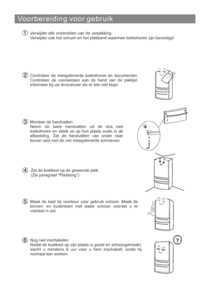 Page 142Voorbereiding voor gebruik
Verwijder alle onderdelen van de verpakking
Verwijder ook het schuim en het plakband waarmee toebehoren zijn bevestigd.
Controleer de meegeleverde toebehoren en documenten.
Controleer de voorwerpen aan de hand van de paklijst.
Informeer bij uw leverancier als er iets niet klopt.
Monteer de handvatten
Neem de twee handvatten uit de dos met
toebehoren en steek ze op hun plaats zoals in de
afbeelding. Zet de handvatten van onder naar
boven vast met de vier meegeleverde schroeven....