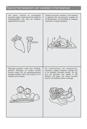 Page 150Tips bij het bewaren van voedsel in het koelvak
Van rapen, radijzen en soortgelijke
groenten snijdt u eerst het loof af zodat de
voedingsstoffen niet door de bladeren
geabsorbeerd worden.Ontdooi bevroren voedsel in het koelvak.
U gebruikt dan het bevroren voedsel om
de temperatuur in het koelvak te verlagen,
waarmee u energie bespaart.
Sommige groenten, zoals uien, knoflook,
gember, kastanjes en andere wortels
kunnen lange tijd bij kamertemperatuur
bewaard worden. Het is niet nodig ze in de
koelkast op...
