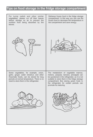 Page 18Tips on food storage in the fridge storage compartment
For turnip radish and other similar
vegetables, please cut off their leaves
before storage so as to prevent the
nutrition from being absorbed by the
leaves.Defreeze frozen food in the fridge storage
compartment. In this way you can use the
frozen food to decrease the temperature in
the compartment and save energy.
Some vegetables, for example, onion,
garlic, ginger, water chestnut, and other
rhizomatic foods, can be stored for long
periods at normal...