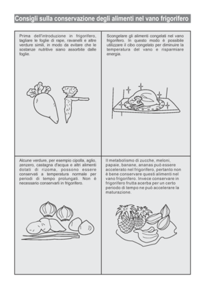 Page 84Consigli sulla conservazione degli alimenti nel vano frigorifero
Prima dellintroduzione in frigorifero,
tagliare le foglie di rape, ravanelli e altre
verdure simili, in modo da evitare che le
sostanze nutritive siano assorbite dalle
foglie.Scongelare gli alimenti congelati nel vano
frigorifero. In questo modo è possibile
utilizzare il cibo congelato per diminuire la
temperatura del vano e risparmiare
energia.
Alcune verdure, per esempio cipolla, aglio,
zenzero, castagna dacqua e altri alimenti
dotati di...