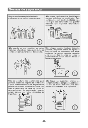 Page 117Normas de segurança
Nunca guarde materiais inflamáveis,
explosivos ou corrosivos no combinado.Não guarde medicamentos, bactérias ou
agentes químicos no combinado. Este
combinado é um electrodoméstico, não
sendo por isso apropriado para guardar
materiais que requeiram temperaturas
exactas.
Não guarde ou use gasolina ou outros
materiais inflamáveis nas proximidades do
combinado para evitar o risco de incêndio.
Não coloque objectos instáveis (objectos
pesados, recipientes cheios de água) na
parte de cima do...