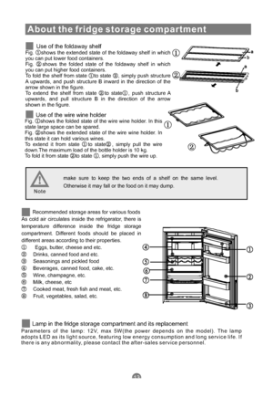 Page 16About the fridge storage compartment
Use of the foldaway shelfFig. shows the extended state of the foldaway shelf in which
you can put lower food containers.
Fig. shows the folded state of the foldaway shelf in which
you can put higher food containers.
To fold the shelf from state to state , simply push structure
A upwards, and push structure B inward in the direction of the
arrow shown in the figure.
To extend the shelf from state to state , push structure A
upwards, and pull structure B in the...