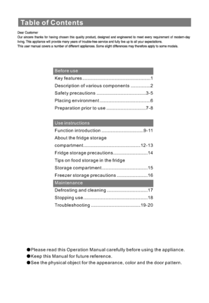 Page 3Table of Contents
Before use
Use instructions
Maintenance K e y f e a t u r e s .......................................................1
Description of various components................2
Safety precautions........................................3- 5
P l a c i n g e n v i r o n m e n t .........................................6
Preparation prior to use................................7 - 8
Function introduction..................................9 - 11
About the fridge storage
c o m p a r t m e n t...