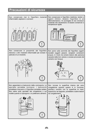 Page 73Precauzioni di sicurezza
Non conservare mai in frigorifero materiali
infiammabili, esplosivi o corrosivi.Non conservare in frigorifero medicine, batteri o
agenti chimici. Questo frigorifero è un
elettrodomestico. Si sconsiglia di non introdurvi
materiali che necessitano di essere conservati a
temperature rigide.
Non conservare in prossimità del frigorifero
benzina o altri materiali infiammabili per evitare il
pericolo di un incendio.Non porre sulla sommità del frigorifero oggetti
instabili (oggetti...