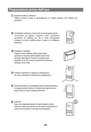 Page 76Preparazione prima delluso
Asportare tutte le confezioni
Togliere anche la base in gommapiuma e il nastro adesivo che trattiene gli
accessori.
Controllare accessori e documenti di accompagnamento
Controllare gli oggetti contenuti nella confezione
spuntando la Packing list. Se ci sono discrepanze
rivolgersi al punto vendita presso il quale si è effettuato
lacquisto.
Installare le maniglie
Togliere le due maniglie dalla scatola degli
accessori e inserirle nelle rispettive sedi come
illustrato nella figura....