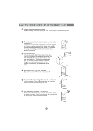 Page 123Extraiga todas las partes del embalaje.
También extraiga la base de goma y la cinta adhesiva que sujeta a los accesorios.
Revise los accesorios y la documentación que acompaña
a el frigorífico.
Compruebe con la lista de embalaje que todos los objetos
se encuentren presentes dentro de la caja de embalaje.
Si existe alguna discrepancia entre la lista y el contenido
de la caja de embalaje, consulte a la tienda en la que
adquirió el frigorífico.
Instale los tiradores.
Extraiga los dos tiradores de la
caja de...