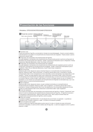 Page 1251 Modelos: CFE533CW/CFE533AW/CFE633CW
10
Presentación de las funciones
Panel de control
Botón ‘súper enfriamiento’Perilla de configuración
de la temperatura de
almacenamiento de el
frigoríficoIndicador de
encendido/apagadoPerilla de configuración
de la temperatura de
almacenamiento del
congeladorBotón ‘súper
congelación’
Encendido inicial
Cuando se encienda el frigorífico, se encenderá el indicador de encendido/apagado. Sonará una alarma debido a
la alta temperatura que existe en el compartimiento de...